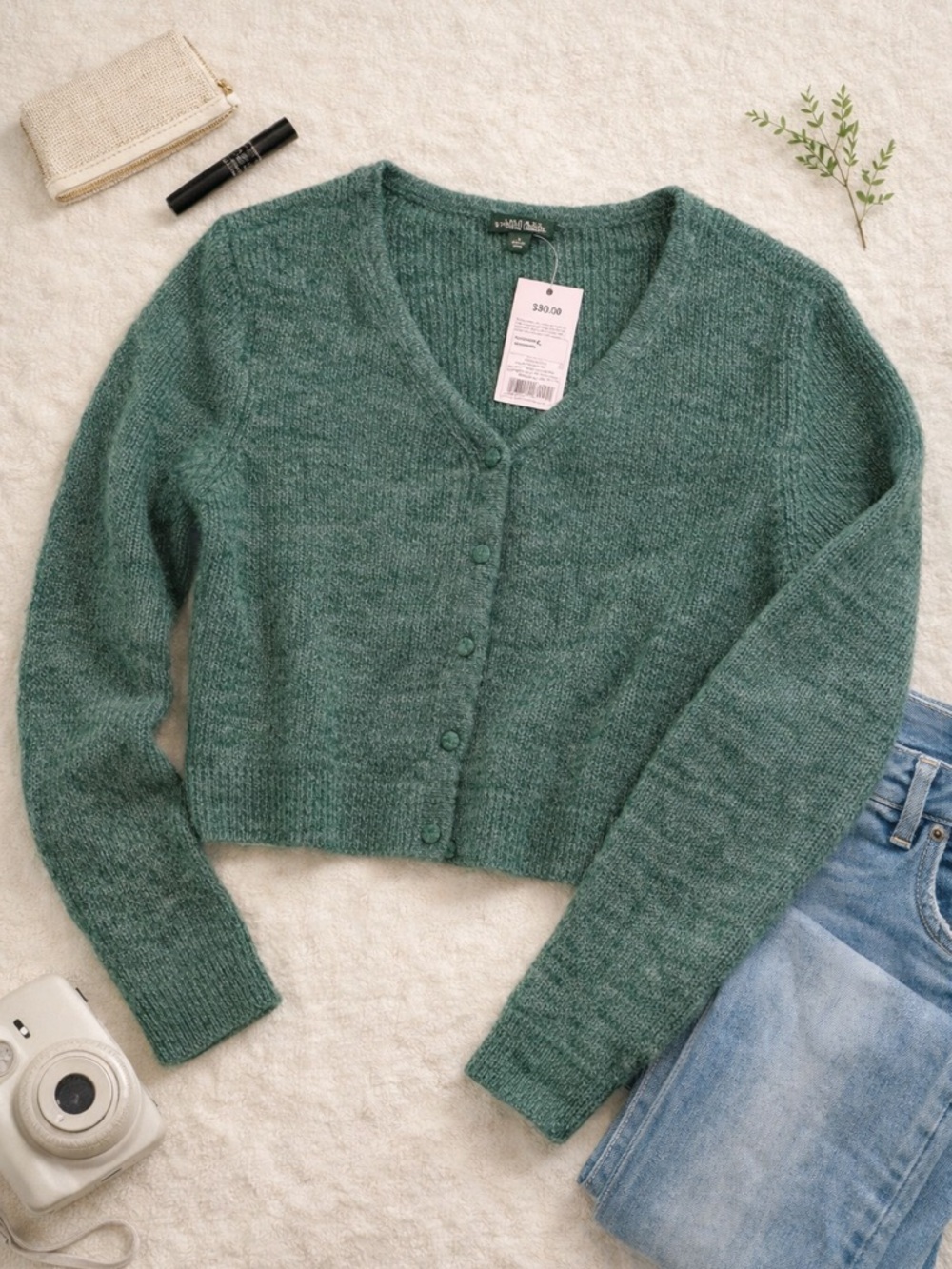 Wild Fable Green Cropped Cardigan NWT Size Large Soft Knit Button Front